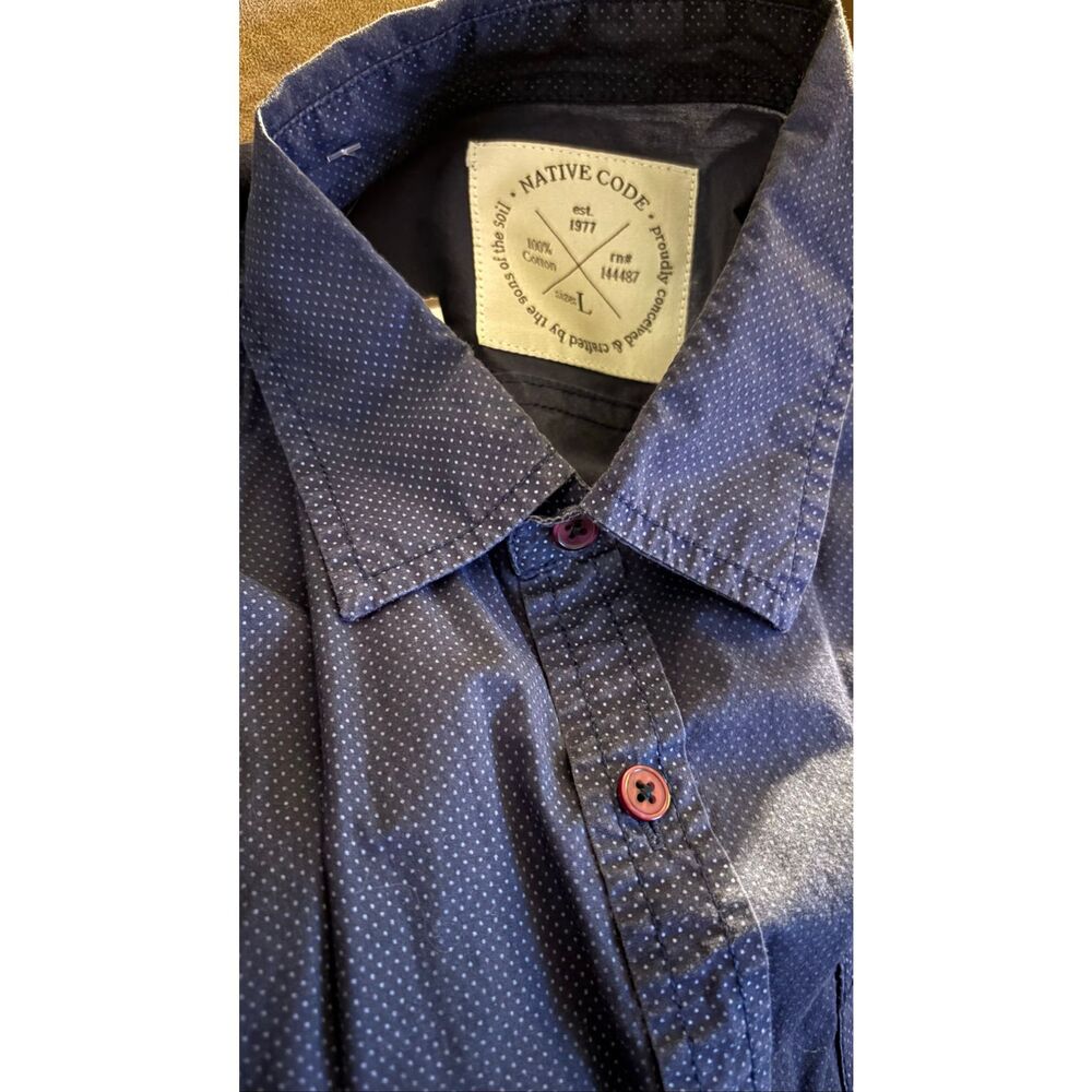 Native Code Collared Button Down Blue Cotton Shirt Large 109